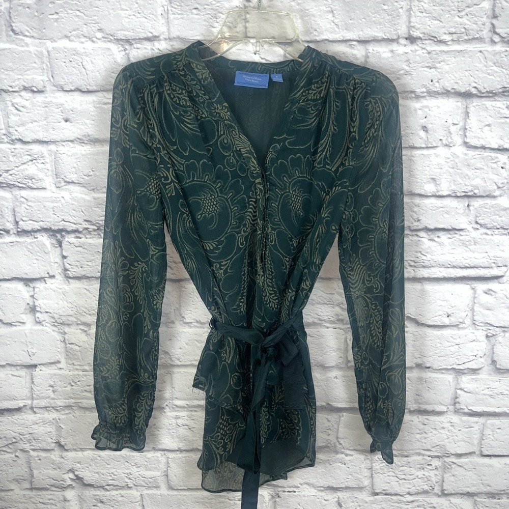 Simply Vera Wang NWOT Whimsigoth Emerald Paisley Sheer Belted Blouse Size Small